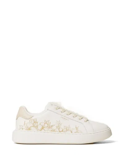 Twinset Floral-embroidery Lace-up Leather Sneakers In White