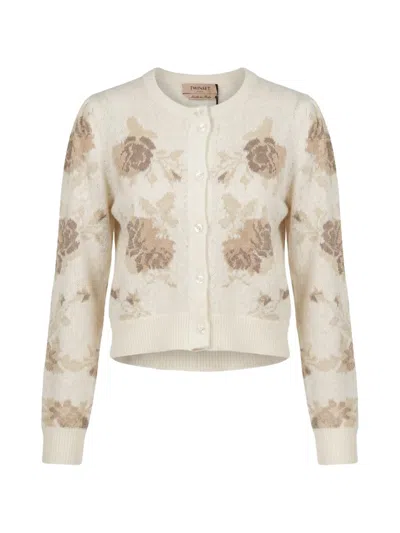 Twinset Cardigan With Puff Sleeves And Floral Jacquard Print In Multi