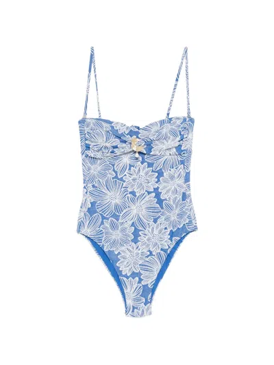 Twinset Floral-jacquard Shell-detail Swimsuit In Blue