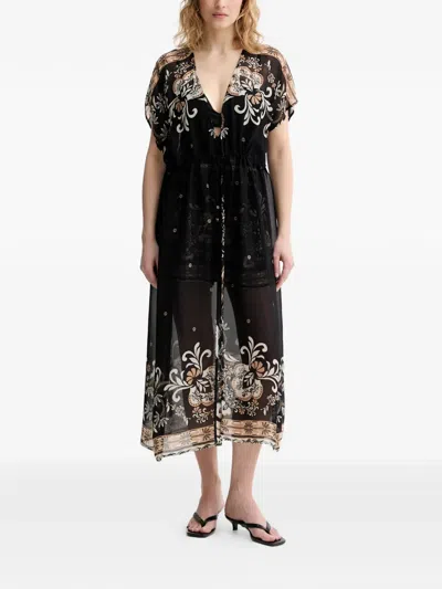 Twinset Floral-print Drawstring Kaftan In Black
