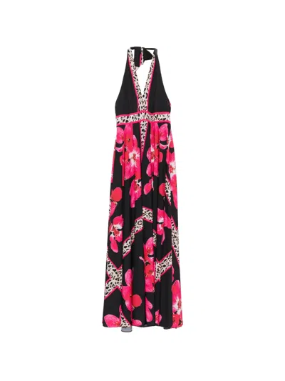 Twinset Floral-print Leopard-pattern Maxi Dress In Black