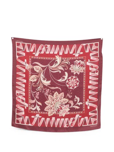 Twinset Floral-print Logo-border Scarf In Burgundy