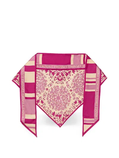 Twinset Floral-print Striped Scarf In Pink