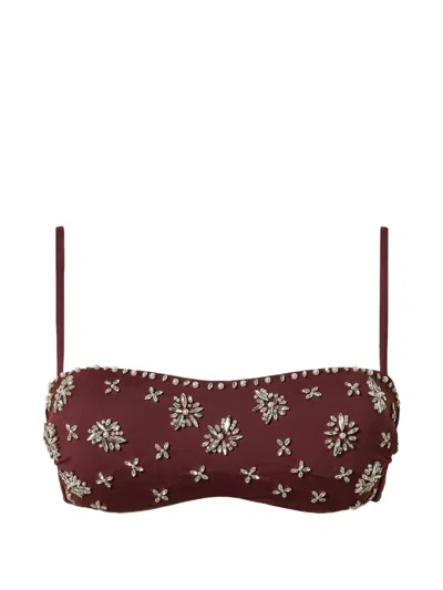 Twinset Floral-rhinestone Bikini Top In Burgundy