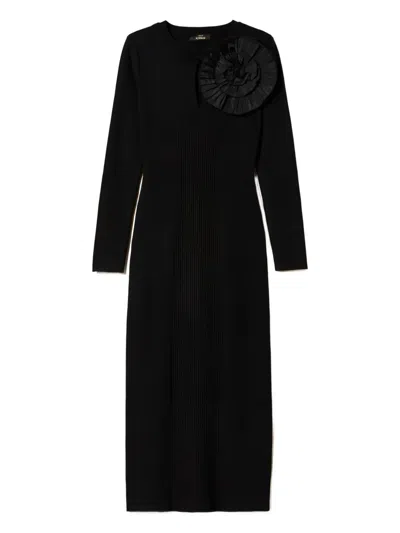 Twinset Flower-detail Long-sleeve Midi Dress In Black