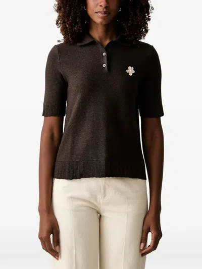 Twinset Flower-embellished Short-sleeve Polo Shirt In Brown