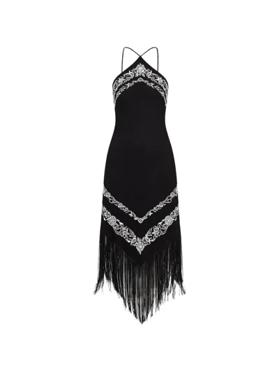 Twinset Flower-embroidered Midi Dress In Black