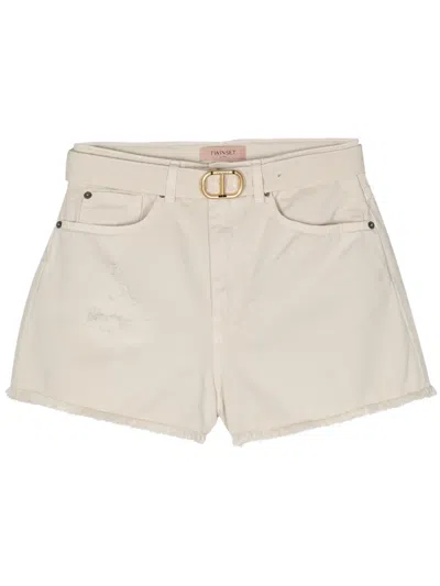 Twinset Frayed Belted Denim Shorts In Neutrals