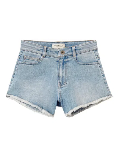 Twinset Kids' Frayed Denim Shorts In Blue