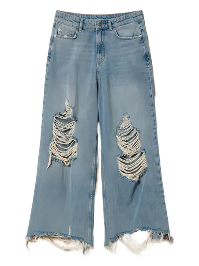 Twinset Frayed Wide-leg Jeans In Blue