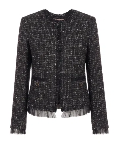 Twinset Fringe Detailed Tweed Jacket In Brown