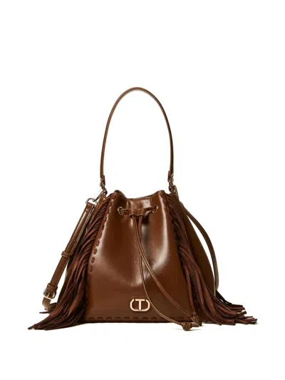 Twinset Fringe Drawstring Bucket Bag In Brown