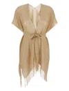 Twinset Beige Dress With Fringed Hem And All-over Embroidery In Viscose Blend Woman In Neutrals