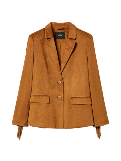 Twinset Fringed Faux-suede Blazer In Brown