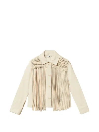 Twinset Bull Denim Jacket With Fringes In Neutral