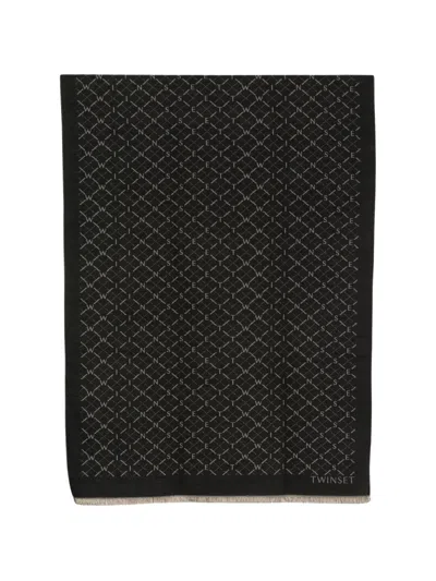 Twinset Fringed Scarf With Logo Pattern In Black