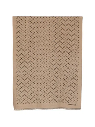 Twinset Fringed Scarf With Logo Print In Brown