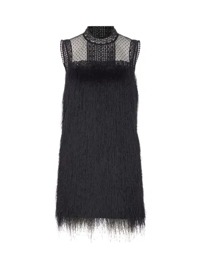 Twinset Fringed Sleeveless Mini Dress In Black