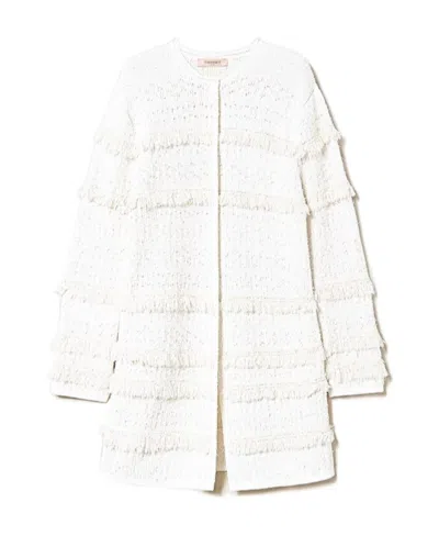Twinset Fringe-detail Long-sleeve Cardi-coat In White