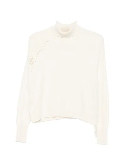 Twinset Fringe-detail Roll-neck Sweater In White
