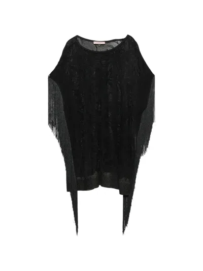 Twinset Fringe-trim Jacquard-knit Sweater In Black