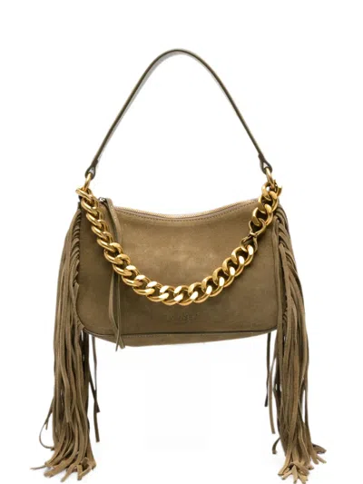 Twinset Fringe-trim Suede Tote Bag In Green