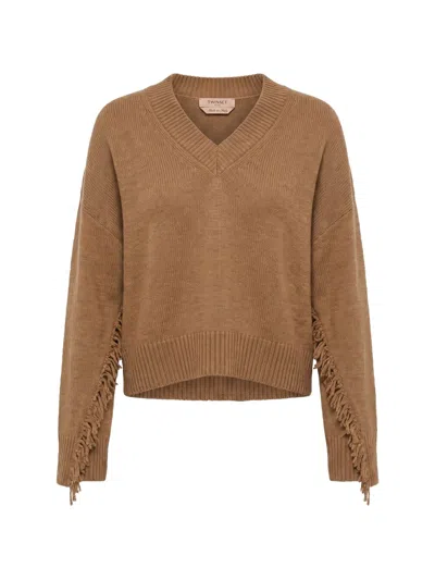 Twinset Fringe-trim V-neck Sweater In Brown