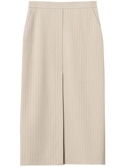Twinset Front-slit Pinstripe Midi Skirt In Neutrals