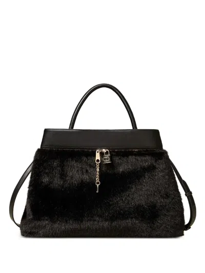 Twinset Fur-trimmed Leather Tote Bag In Black