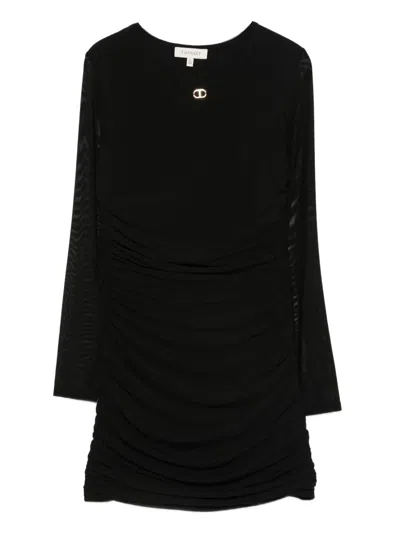 Twinset Gathered Mesh-sleeve Mini Dress In Black