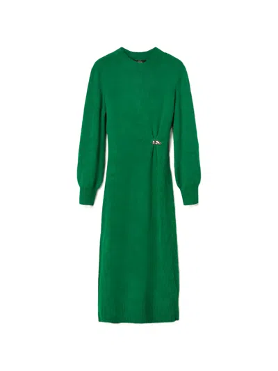 Twinset Gathering Brooch Midi Dress In Green