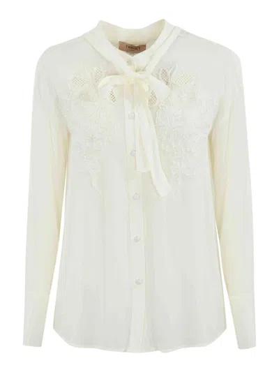Twinset Georgette Shirt With Bow In Cream