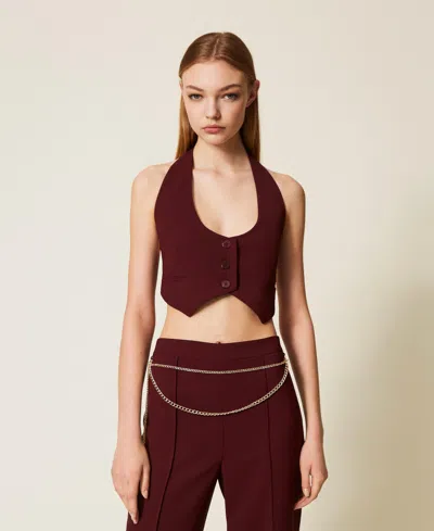 Twinset Gilet En Crêpe Cady Avec Bride In Brown