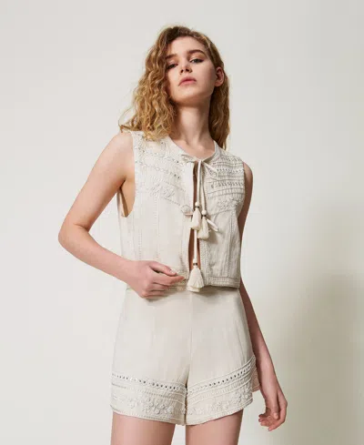 Twinset Gilet En Lin Mélangé Avec Broderie In Neutral