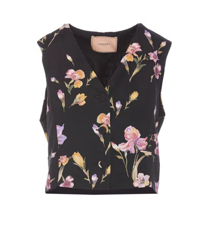 Twinset Gilet In Black With Floral Print