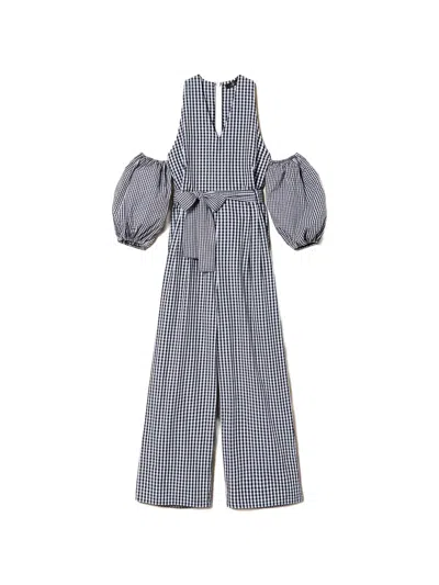 Twinset Gingham Balloon-sleeve Jumpsuit In Black