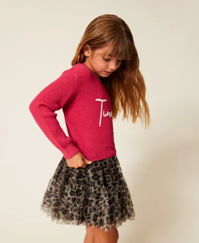 Twinset Kids' Jupe Courte Pour Fille En Tulle Animalier In Brown