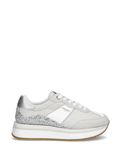 Twinset Glitter Panel Sneakers In Silver