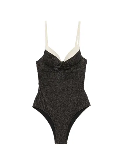 Twinset Glitter-effect Ruched Swimsuit In Black