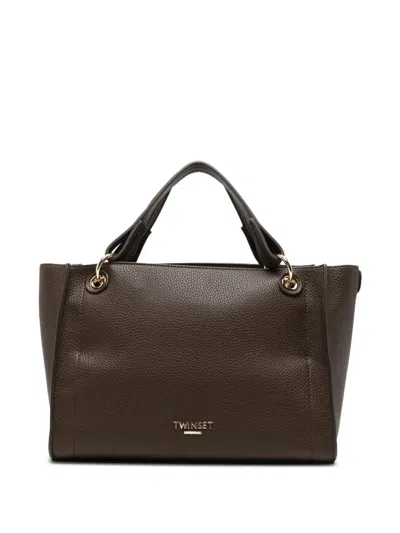 Twinset Grained-effect Logo-lettering Tote Bag In Brown