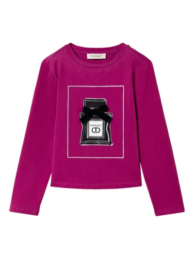 Twinset Kids' Graphic-print Glitter-detail T-shirt In Purple