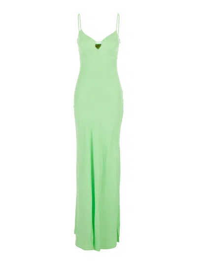 TWINSET GREEN LONG DRESS WITH THIN SHOULDER STRAPS AND METALLIC LOGO PLAQUE ON THE BACK IN TECH FABRIC WOMAN