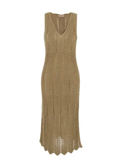 TWINSET GREEN LONG DRESS WITH V-NECK AND ALL-OVER PLEATED DETAILS