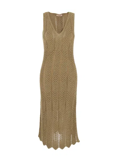 TWINSET GREEN LONG DRESS WITH V-NECK AND ALL-OVER PLEATED DETAILS IN VISCOSE BLEND WOMAN