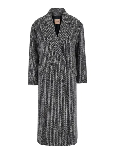 Twinset Grey Double-breasted Coat With With Fishbone Motif
