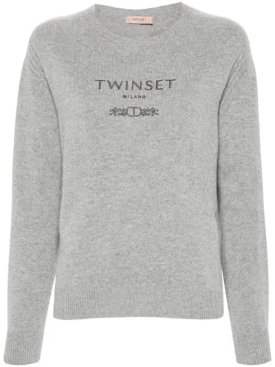 Twinset Strickpullover Mit Logo-stickerei In Grey