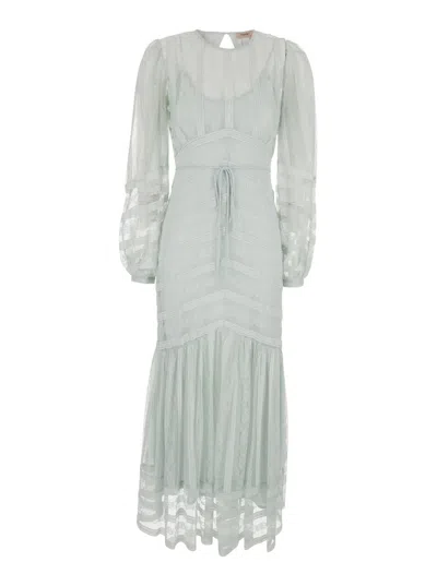 Twinset Grey Long Dress With Front Belt And Long Puffed Sleeves In Fabric Woman In White