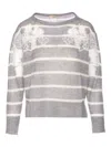 Twinset Grey Striped Sweater With Lace Floral Embellishment And Embroidered Detail In Gray