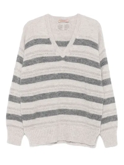 Twinset Twin-set Grey Striped V Neck Sweater In Gray