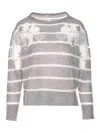 Twinset Grey Striped Sweater With Lace Floral Embellishment And Embroidered Detail In Gray